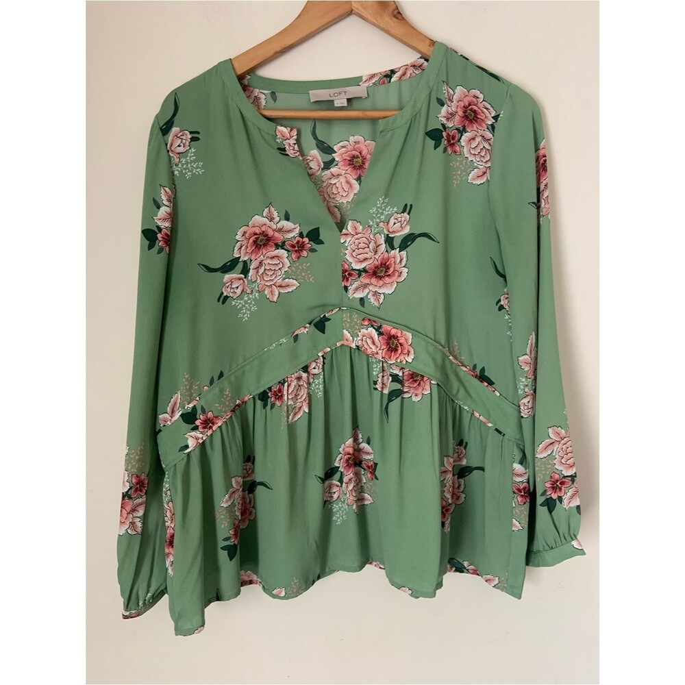 LOFT Green Floral V-Neck Peasant Long Sleeve Blouse Top Semi Sheer M Feminine - Picture 2 of 8